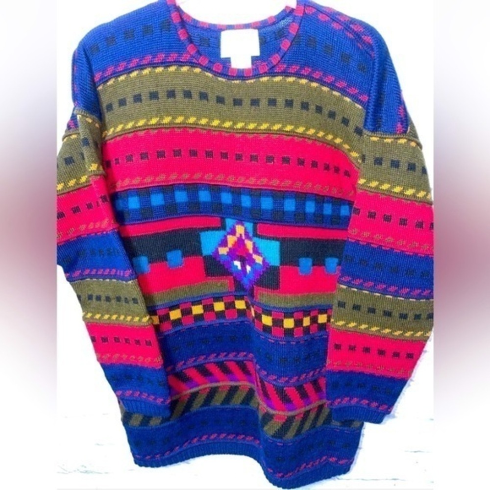 Vtg Millma 100% Alpaca Hand Loomed Oversized Jewel Tone Western Tribal Sweater
